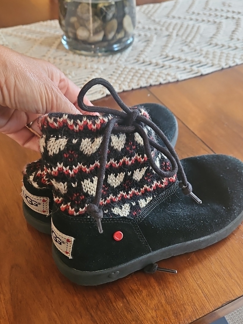 UGG Kids Black Suede Knit-Cuff Boots with Cream and Red Pattern